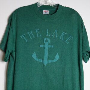 VTG The Lake Green Puff Anchor Short Sleeve Tee Shirt Mens Large Single Stitch